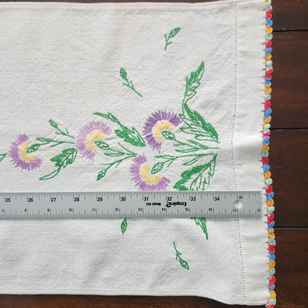 Vintage Floral Table Topper 36 x 12 Rectangle White w/ Multi-color‎ Trim Cotton